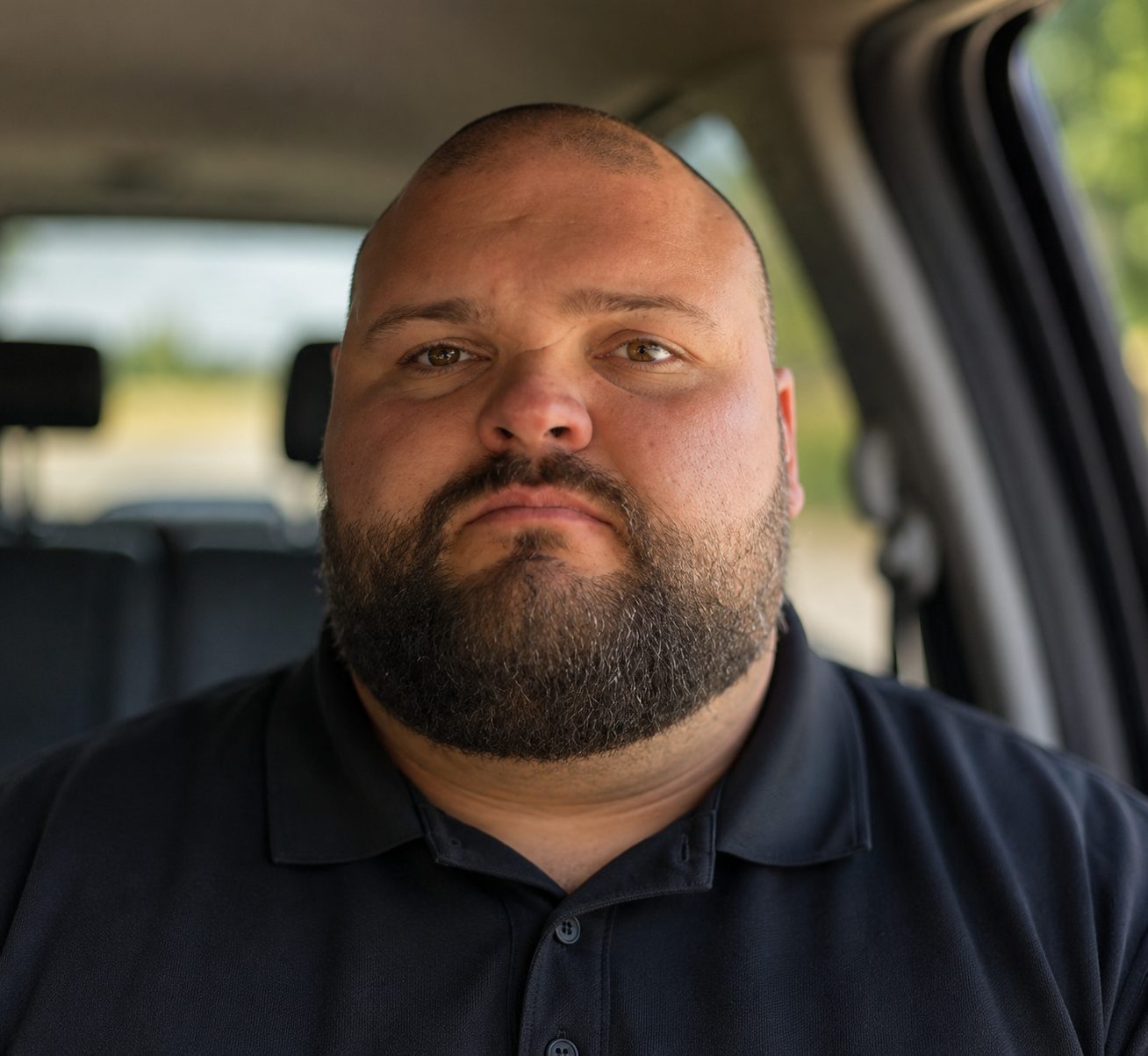 Bearded man in a navy polo shirt sitting in a truck cab, looking at the camera